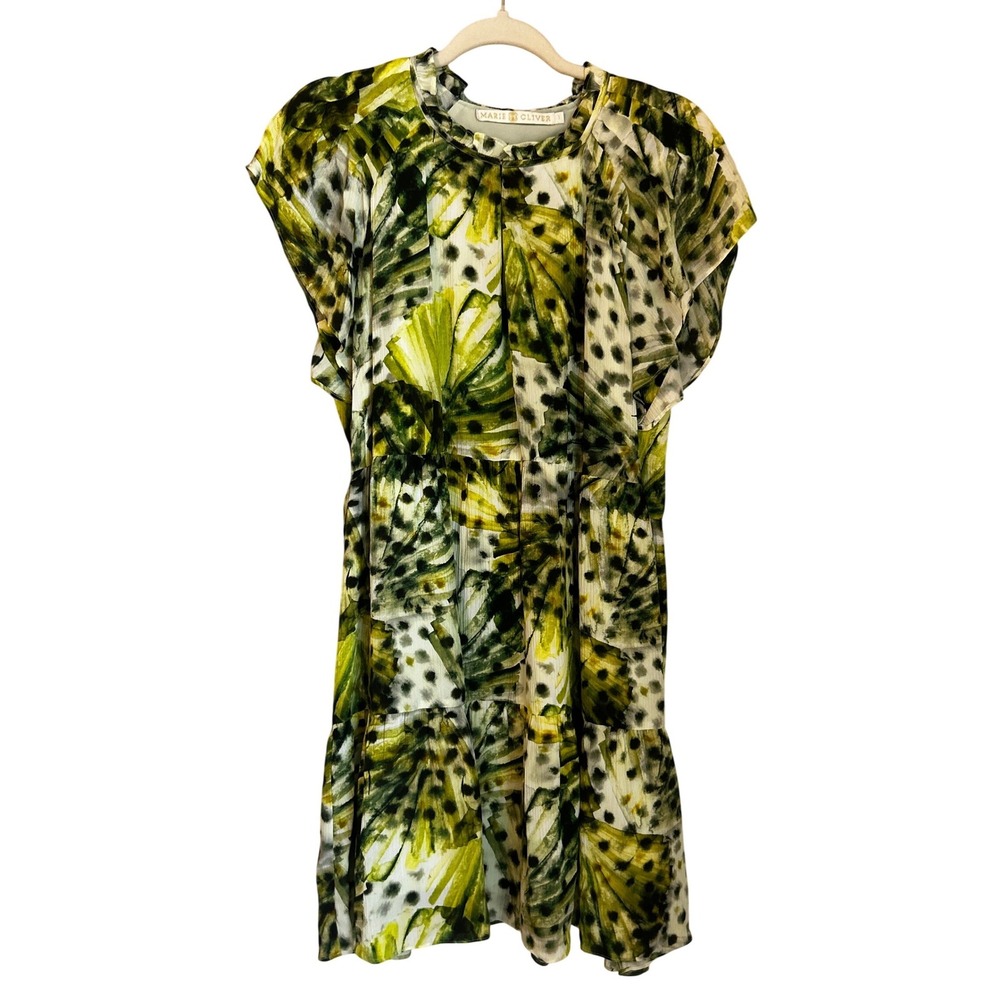 Marie Oliver Reid Silk Blend Tiered Dress Size L Green Palm Clover